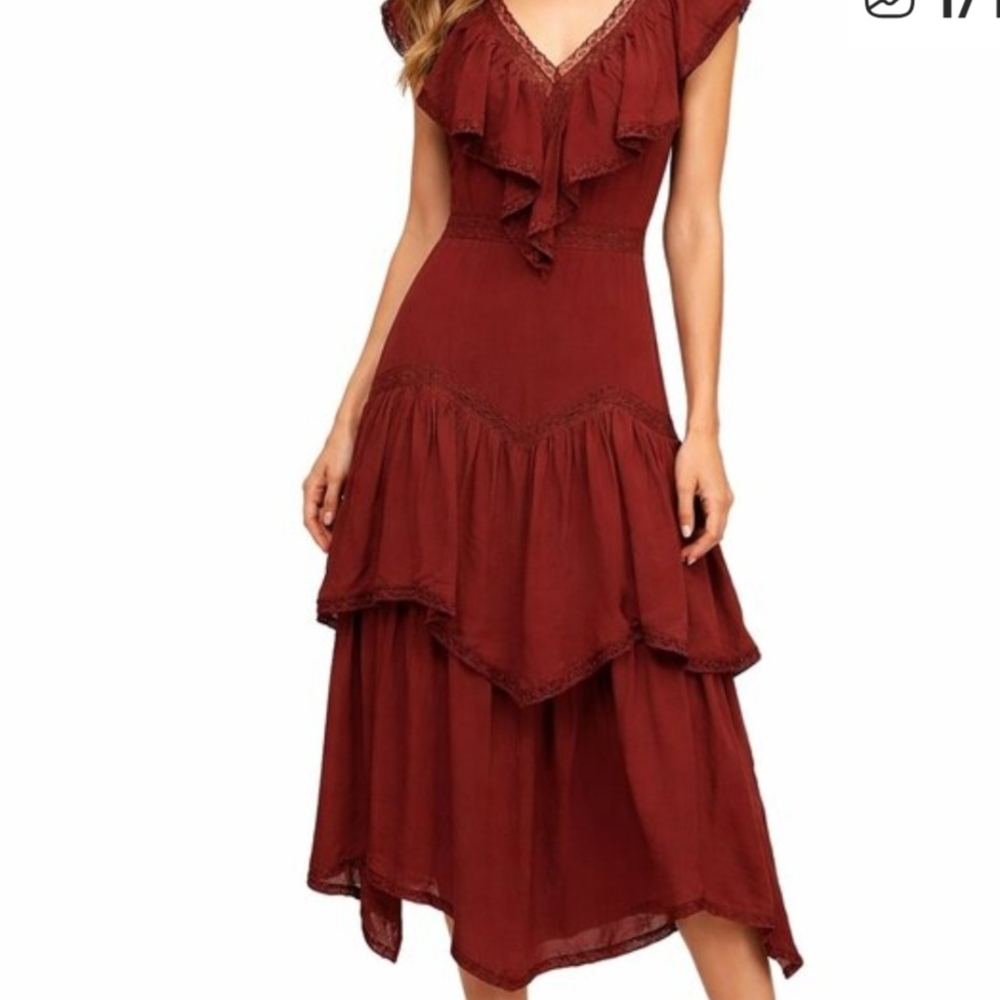 Anthropologie Boho Tiered Ruffle Midi Dress Wine Red Lace
